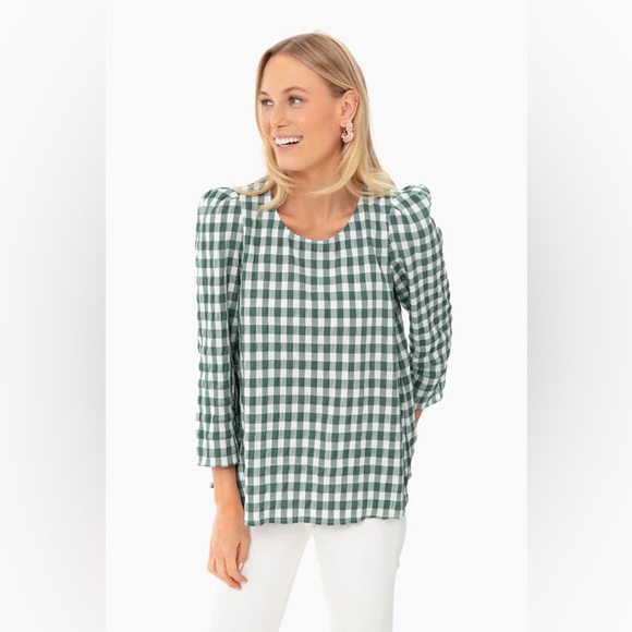 Tuckernuck Gingham Puff Sleeve Top Sz XS Dark Green - Picture 2 of 6